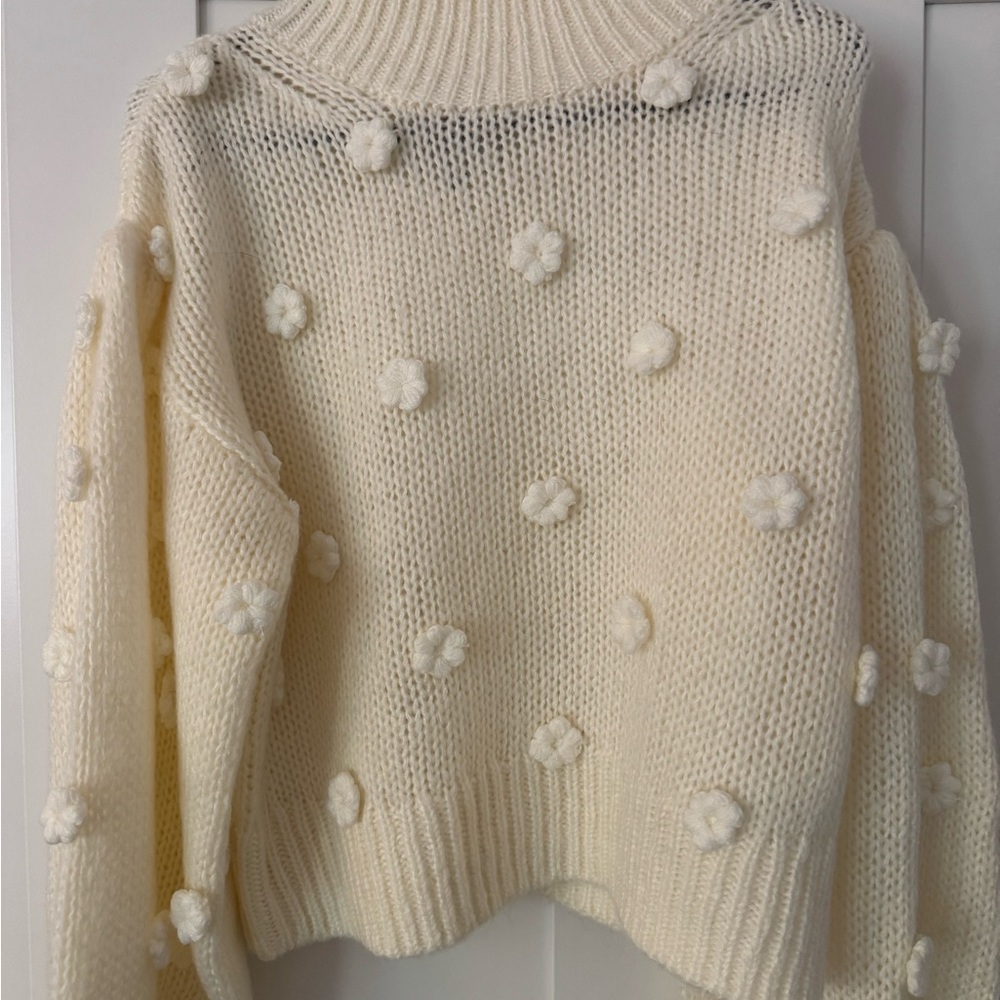 FARM Rio Cream Turtleneck Sweater with Floral Details